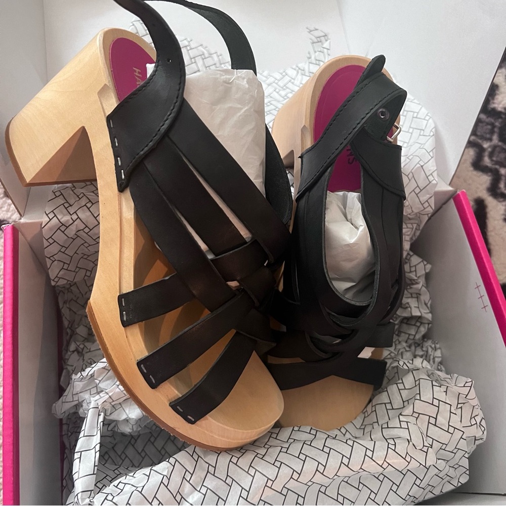 Swedish Hasbeens Vivi Strappy High Heel Wooden Clogs